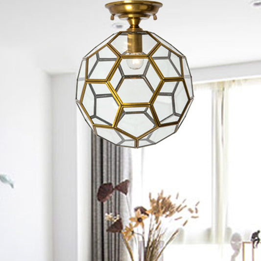 1 Head Flushmount Ceiling Lamp Traditional Faceted Sphere Clear/Cream/Textured White Glass Semi Flush Mount Light in Brass, 8"/12"/16" Wide Clearhalo 'Ceiling Lights' 'Close To Ceiling Lights' 'Close to ceiling' 'Glass shade' 'Glass' 'Semi-flushmount' Lighting' 1909239