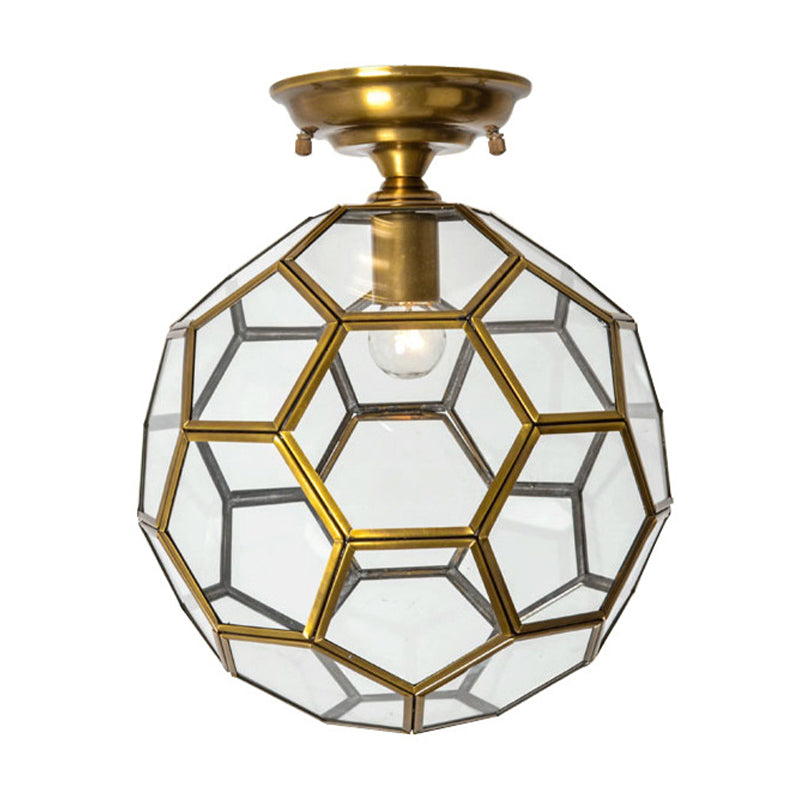 1 Head Flushmount Ceiling Lamp Traditional Faceted Sphere Clear/Cream/Textured White Glass Semi Flush Mount Light in Brass, 8"/12"/16" Wide Clearhalo 'Ceiling Lights' 'Close To Ceiling Lights' 'Close to ceiling' 'Glass shade' 'Glass' 'Semi-flushmount' Lighting' 1909241