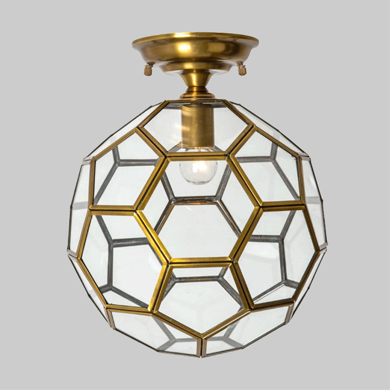 1 Head Flushmount Ceiling Lamp Traditional Faceted Sphere Clear/Cream/Textured White Glass Semi Flush Mount Light in Brass, 8"/12"/16" Wide Clearhalo 'Ceiling Lights' 'Close To Ceiling Lights' 'Close to ceiling' 'Glass shade' 'Glass' 'Semi-flushmount' Lighting' 1909242