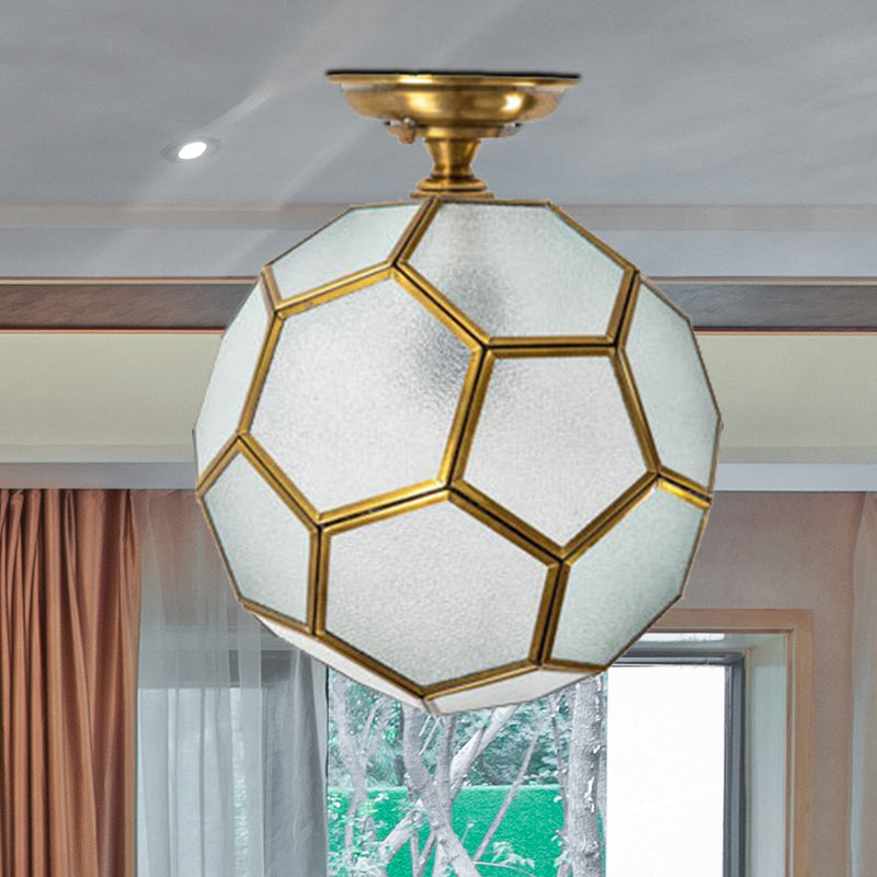 1 Head Flushmount Ceiling Lamp Traditional Faceted Sphere Clear/Cream/Textured White Glass Semi Flush Mount Light in Brass, 8"/12"/16" Wide Textured White Clearhalo 'Ceiling Lights' 'Close To Ceiling Lights' 'Close to ceiling' 'Glass shade' 'Glass' 'Semi-flushmount' Lighting' 1909243