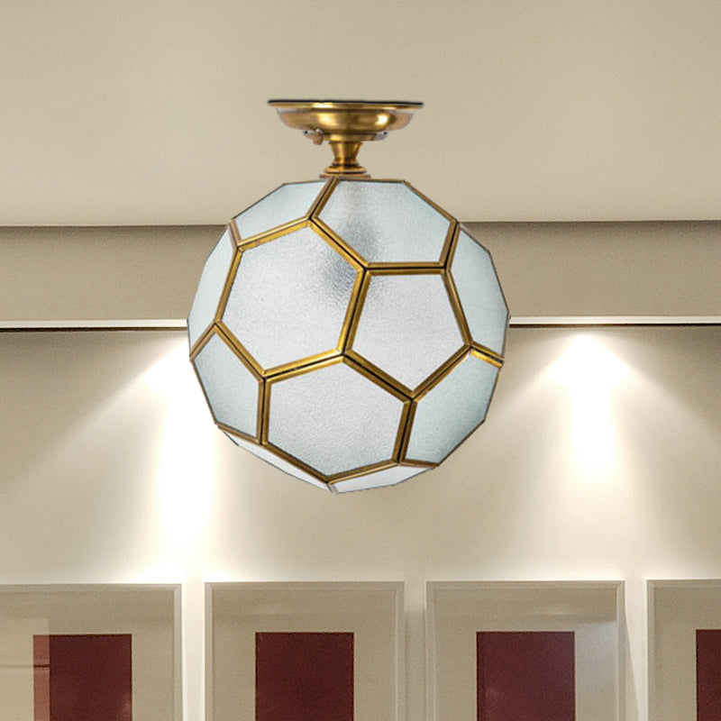 1 Head Flushmount Ceiling Lamp Traditional Faceted Sphere Clear/Cream/Textured White Glass Semi Flush Mount Light in Brass, 8"/12"/16" Wide Clearhalo 'Ceiling Lights' 'Close To Ceiling Lights' 'Close to ceiling' 'Glass shade' 'Glass' 'Semi-flushmount' Lighting' 1909244