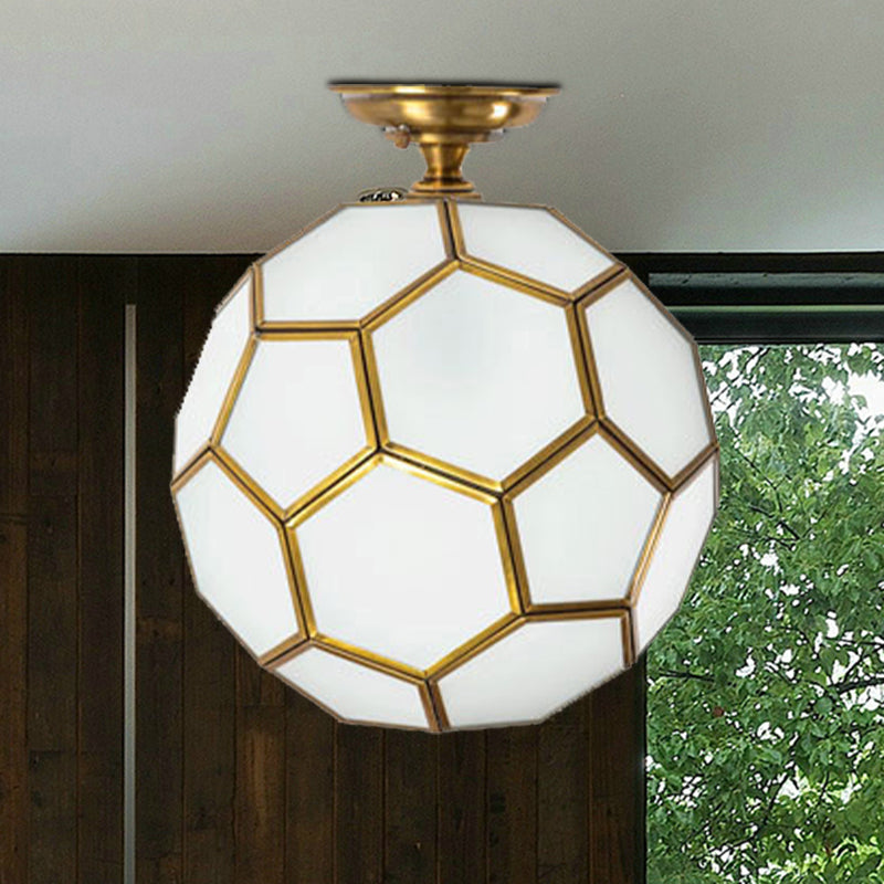 1 Head Flushmount Ceiling Lamp Traditional Faceted Sphere Clear/Cream/Textured White Glass Semi Flush Mount Light in Brass, 8"/12"/16" Wide Clearhalo 'Ceiling Lights' 'Close To Ceiling Lights' 'Close to ceiling' 'Glass shade' 'Glass' 'Semi-flushmount' Lighting' 1909248
