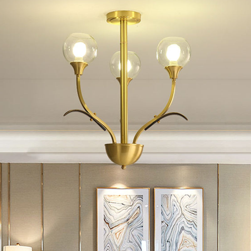Ball Clear Glass Flushmount Lighting Vintage 3/6 Heads Sitting Room Semi Flush Chandelier in Brass Clearhalo 'Ceiling Lights' 'Close To Ceiling Lights' 'Close to ceiling' 'Semi-flushmount' Lighting' 1909285