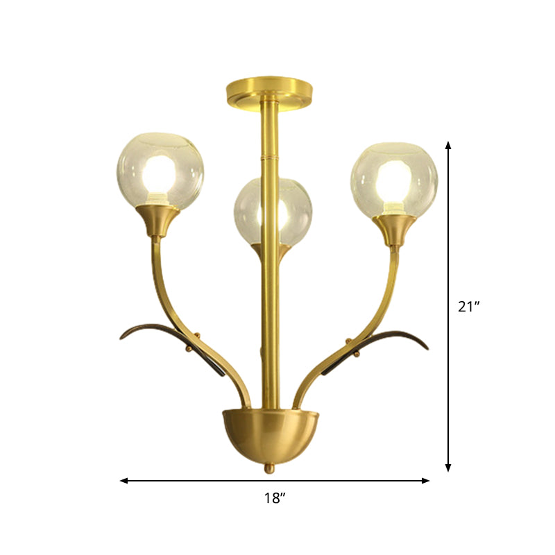 Ball Clear Glass Flushmount Lighting Vintage 3/6 Heads Sitting Room Semi Flush Chandelier in Brass Clearhalo 'Ceiling Lights' 'Close To Ceiling Lights' 'Close to ceiling' 'Semi-flushmount' Lighting' 1909288