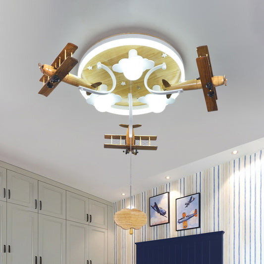Yellow Cloud and Plane Flushmount Novelty Kids Style 3-Light Wood Ceiling Flush Light with Pulling Chain Yellow Clearhalo 'Ceiling Lights' 'Close To Ceiling Lights' 'Close to ceiling' 'Flush mount' Lighting' 1909353