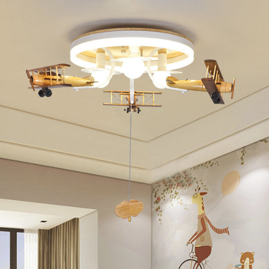 Yellow Cloud and Plane Flushmount Novelty Kids Style 3-Light Wood Ceiling Flush Light with Pulling Chain Clearhalo 'Ceiling Lights' 'Close To Ceiling Lights' 'Close to ceiling' 'Flush mount' Lighting' 1909355
