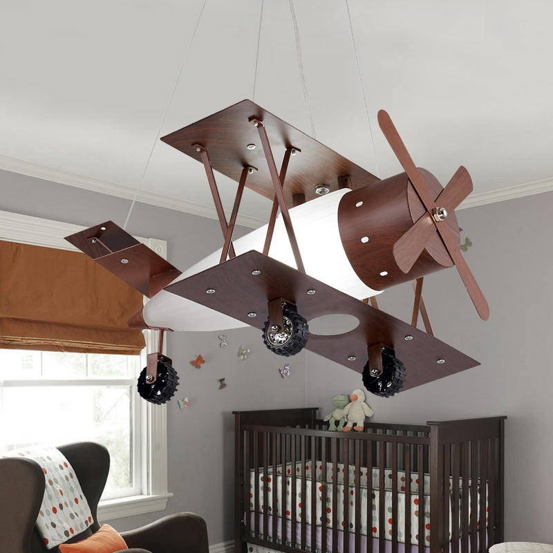 Kids Single-Blue Chandelier Coffee Finish Biplane Ceiling Suspension Lamp with Opal Glass Shade Coffee Clearhalo 'Ceiling Lights' 'Chandeliers' 'Glass shade' 'Glass' 'Pendant Lights' Lighting' 1909435