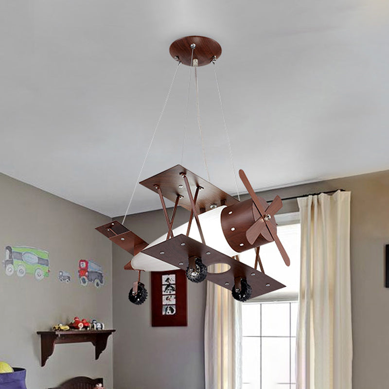 Kids Single-Blue Chandelier Coffee Finish Biplane Ceiling Suspension Lamp with Opal Glass Shade Clearhalo 'Ceiling Lights' 'Chandeliers' 'Glass shade' 'Glass' 'Pendant Lights' Lighting' 1909436