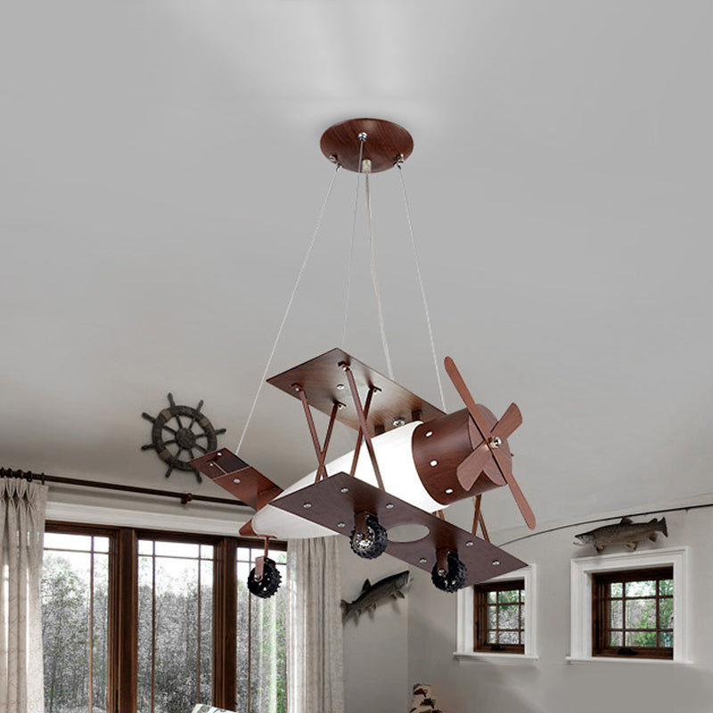 Kids Single-Blue Chandelier Coffee Finish Biplane Ceiling Suspension Lamp with Opal Glass Shade Clearhalo 'Ceiling Lights' 'Chandeliers' 'Glass shade' 'Glass' 'Pendant Lights' Lighting' 1909437