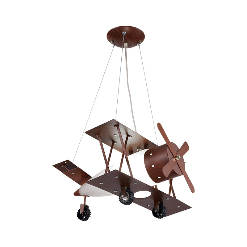 Kids Single-Blue Chandelier Coffee Finish Biplane Ceiling Suspension Lamp with Opal Glass Shade Clearhalo 'Ceiling Lights' 'Chandeliers' 'Glass shade' 'Glass' 'Pendant Lights' Lighting' 1909438