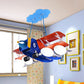Blue and Red Biplane Chandelier Cartoon 4-Light Wooden Suspension Lighting with Oval Milk Glass Shade Clearhalo 'Ceiling Lights' 'Chandeliers' Lighting' options 1909445