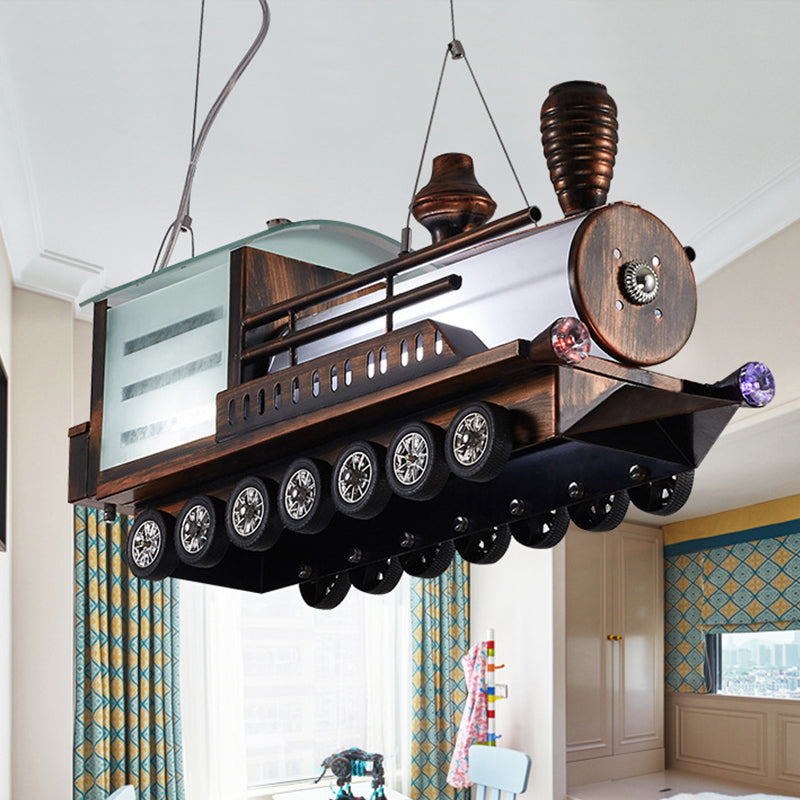 Steam Locomotive Kids Bedroom Chandelier Metal Cartoon LED Hanging Ceiling Light in Coffee Clearhalo 'Ceiling Lights' 'Chandeliers' Lighting' options 1909475