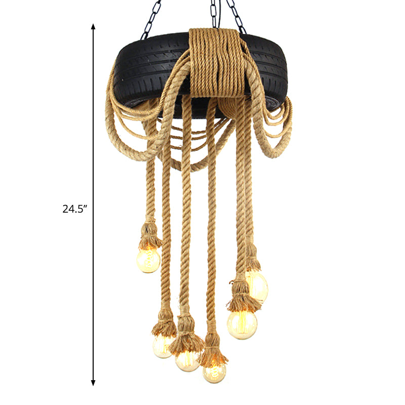 Rubber Tyre Down Lighting Warehouse 6 Lights Snack Bar Chandelier in Pink/Green/Brown with Rope Cord Clearhalo 'Ceiling Lights' 'Chandeliers' 'Industrial Chandeliers' 'Industrial' 'Middle Century Chandeliers' 'Tiffany' Lighting' 1909535