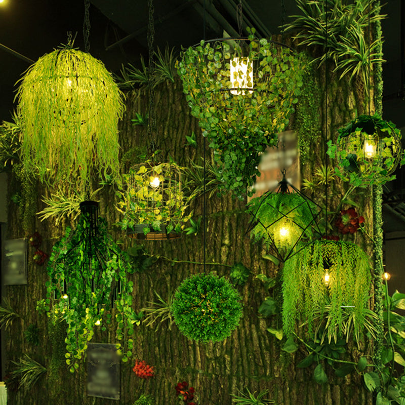 1/3/4-Light Iron Pendant Lamp Rural White/Pink/Purple Plant Cafe Chandelier Lighting with Globe/Wheel/Tapered Cage Clearhalo 'Cast Iron' 'Ceiling Lights' 'Chandeliers' 'Industrial Chandeliers' 'Industrial' 'Metal' 'Middle Century Chandeliers' 'Rustic Chandeliers' 'Tiffany' Lighting' 1909552