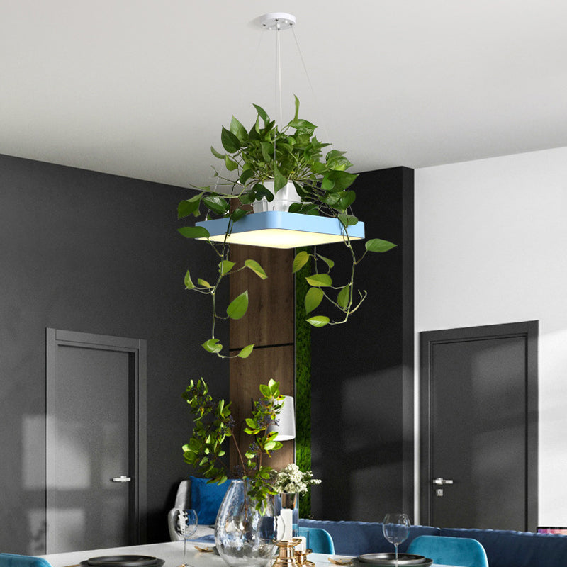 Square Restaurant Ceiling Pendant Nordic Acrylic Black/White/Blue LED Hanging Lamp Kit with Plant Container, 16"/19.5" W Blue Clearhalo 'Art Deco Pendants' 'Black' 'Cast Iron' 'Ceiling Lights' 'Ceramic' 'Crystal' 'Industrial Pendants' 'Industrial' 'Metal' 'Middle Century Pendants' 'Pendant Lights' 'Pendants' 'Rustic Pendants' 'Tiffany' Lighting' 1909634