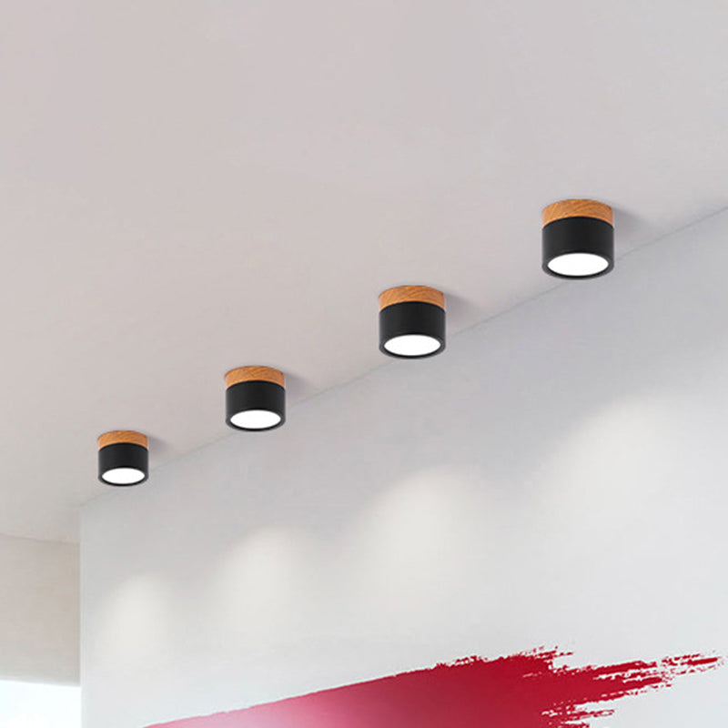 Cylinder Small Flush Ceiling Light Macaron Metal Kitchen Bar Flush Mount Lighting in Yellow/Blue/Black and Wood Black Clearhalo 'Ceiling Lights' 'Close To Ceiling Lights' 'Close to ceiling' 'Flush mount' Lighting' 1909816