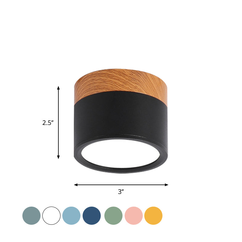 Cylinder Small Flush Ceiling Light Macaron Metal Kitchen Bar Flush Mount Lighting in Yellow/Blue/Black and Wood Clearhalo 'Ceiling Lights' 'Close To Ceiling Lights' 'Close to ceiling' 'Flush mount' Lighting' 1909818
