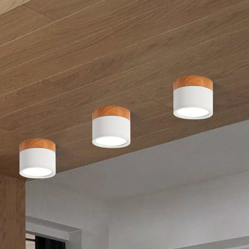 Cylinder Small Flush Ceiling Light Macaron Metal Kitchen Bar Flush Mount Lighting in Yellow/Blue/Black and Wood White Clearhalo 'Ceiling Lights' 'Close To Ceiling Lights' 'Close to ceiling' 'Flush mount' Lighting' 1909819