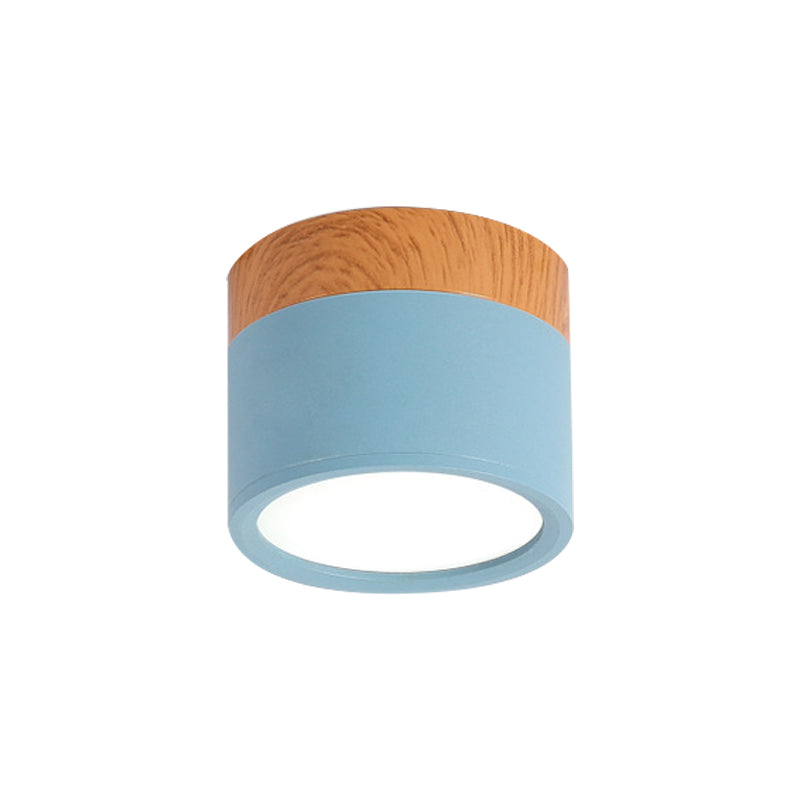 Cylinder Small Flush Ceiling Light Macaron Metal Kitchen Bar Flush Mount Lighting in Yellow/Blue/Black and Wood Clearhalo 'Ceiling Lights' 'Close To Ceiling Lights' 'Close to ceiling' 'Flush mount' Lighting' 1909822