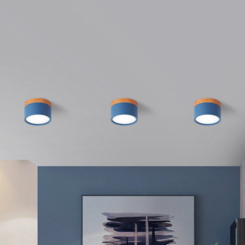 Cylinder Small Flush Ceiling Light Macaron Metal Kitchen Bar Flush Mount Lighting in Yellow/Blue/Black and Wood Dark Blue Clearhalo 'Ceiling Lights' 'Close To Ceiling Lights' 'Close to ceiling' 'Flush mount' Lighting' 1909823