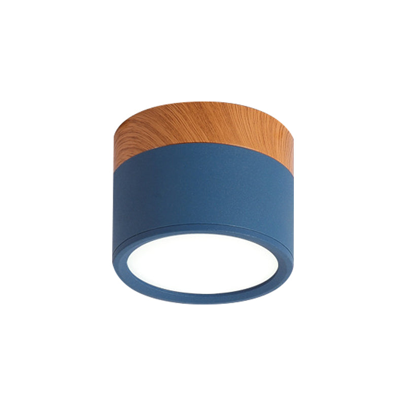 Cylinder Small Flush Ceiling Light Macaron Metal Kitchen Bar Flush Mount Lighting in Yellow/Blue/Black and Wood Clearhalo 'Ceiling Lights' 'Close To Ceiling Lights' 'Close to ceiling' 'Flush mount' Lighting' 1909824