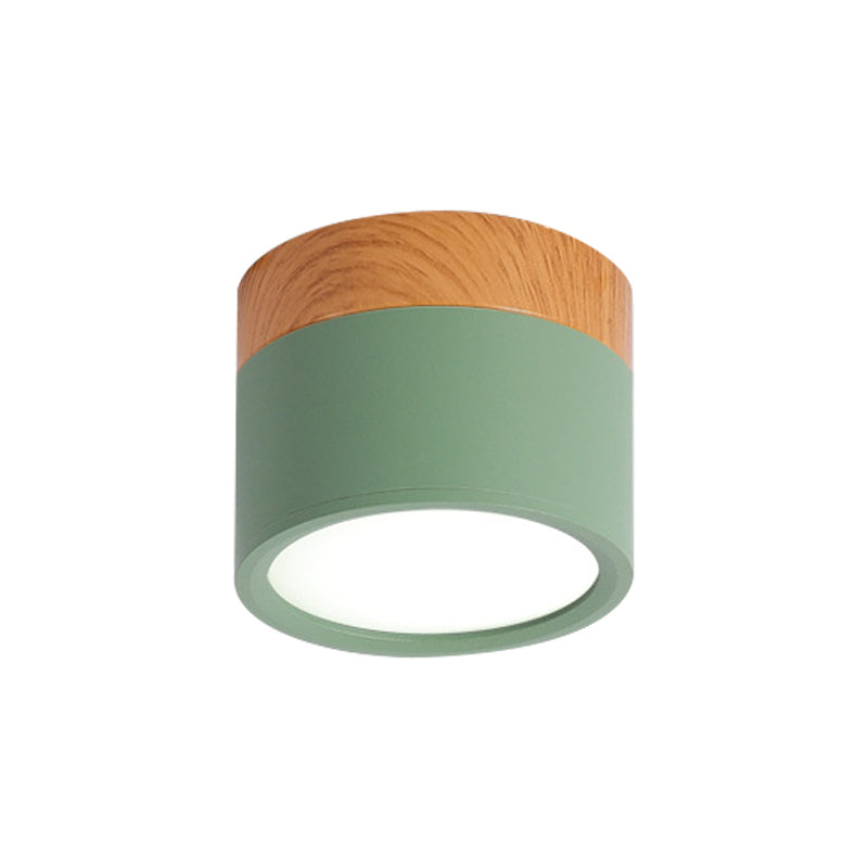 Cylinder Small Flush Ceiling Light Macaron Metal Kitchen Bar Flush Mount Lighting in Yellow/Blue/Black and Wood Green Clearhalo 'Ceiling Lights' 'Close To Ceiling Lights' 'Close to ceiling' 'Flush mount' Lighting' 1909825