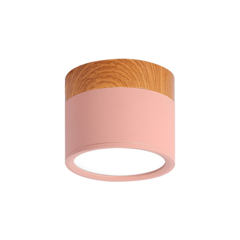 Cylinder Small Flush Ceiling Light Macaron Metal Kitchen Bar Flush Mount Lighting in Yellow/Blue/Black and Wood Pink Clearhalo 'Ceiling Lights' 'Close To Ceiling Lights' 'Close to ceiling' 'Flush mount' Lighting' 1909826