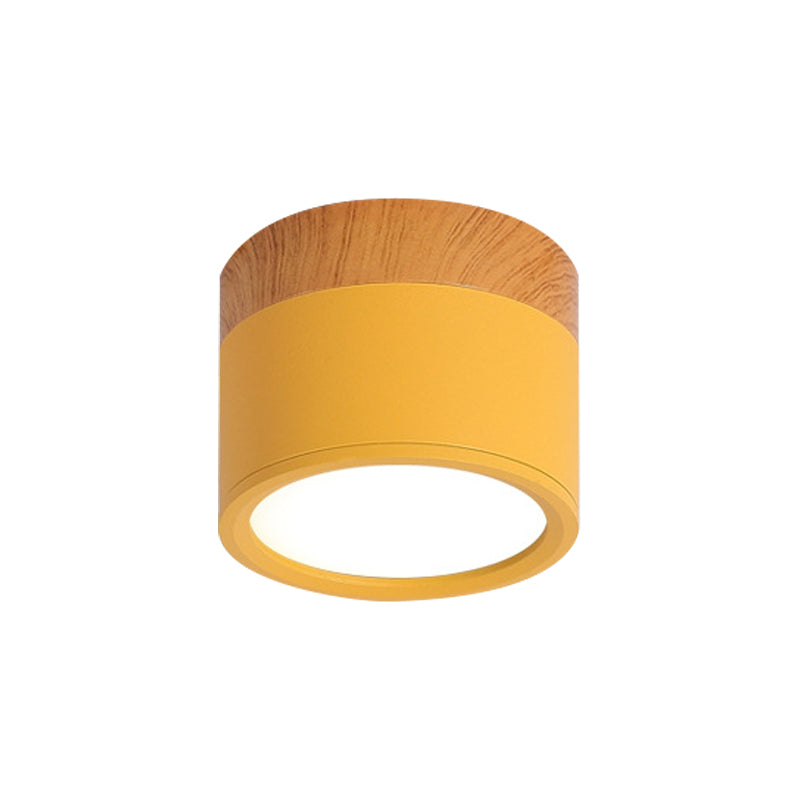 Cylinder Small Flush Ceiling Light Macaron Metal Kitchen Bar Flush Mount Lighting in Yellow/Blue/Black and Wood Yellow Clearhalo 'Ceiling Lights' 'Close To Ceiling Lights' 'Close to ceiling' 'Flush mount' Lighting' 1909827