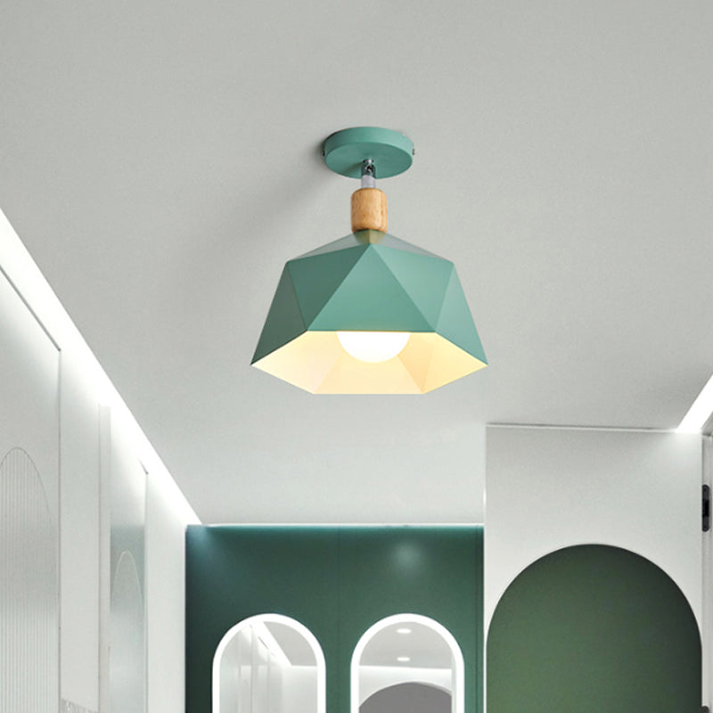 Polygon Corridor Semi Flush Light Metallic 1 Bulb Macaron Rotating Ceiling Mount Lamp in Green/Grey/White with Wood Accent Green Clearhalo 'Ceiling Lights' 'Close To Ceiling Lights' 'Close to ceiling' 'Semi-flushmount' Lighting' 1909839