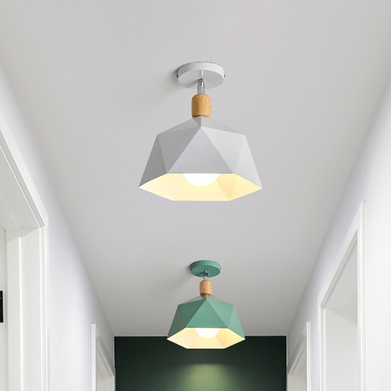 Polygon Corridor Semi Flush Light Metallic 1 Bulb Macaron Rotating Ceiling Mount Lamp in Green/Grey/White with Wood Accent White Clearhalo 'Ceiling Lights' 'Close To Ceiling Lights' 'Close to ceiling' 'Semi-flushmount' Lighting' 1909842