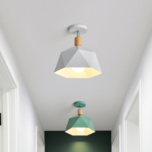 Polygon Corridor Semi Flush Light Metallic 1 Bulb Macaron Rotating Ceiling Mount Lamp in Green/Grey/White with Wood Accent White Clearhalo 'Ceiling Lights' 'Close To Ceiling Lights' 'Close to ceiling' 'Semi-flushmount' Lighting' 1909842