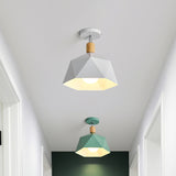 Polygon Corridor Semi Flush Light Metallic 1 Bulb Macaron Rotating Ceiling Mount Lamp in Green/Grey/White with Wood Accent White Clearhalo 'Ceiling Lights' 'Close To Ceiling Lights' 'Close to ceiling' 'Semi-flushmount' Lighting' 1909842