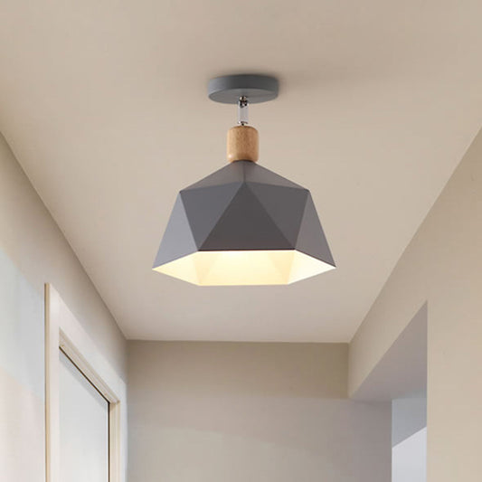Polygon Corridor Semi Flush Light Metallic 1 Bulb Macaron Rotating Ceiling Mount Lamp in Green/Grey/White with Wood Accent Grey Clearhalo 'Ceiling Lights' 'Close To Ceiling Lights' 'Close to ceiling' 'Semi-flushmount' Lighting' 1909845