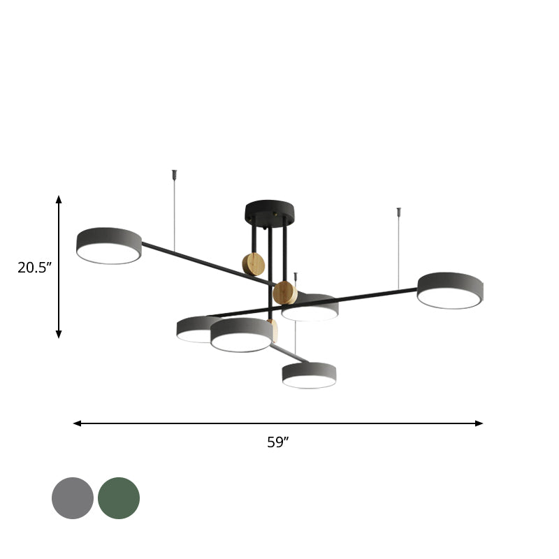 Branch Chandelier Light Fixture Nordic Metal 6 Heads Grey/Green Hanging Lamp with Wood Decor, Warm/White Light Clearhalo 'Ceiling Lights' 'Chandeliers' Lighting' options 1909875