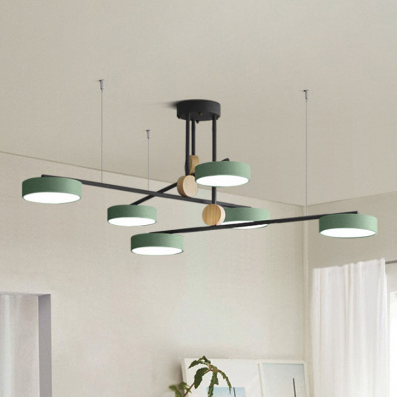 Branch Chandelier Light Fixture Nordic Metal 6 Heads Grey/Green Hanging Lamp with Wood Decor, Warm/White Light Clearhalo 'Ceiling Lights' 'Chandeliers' Lighting' options 1909876
