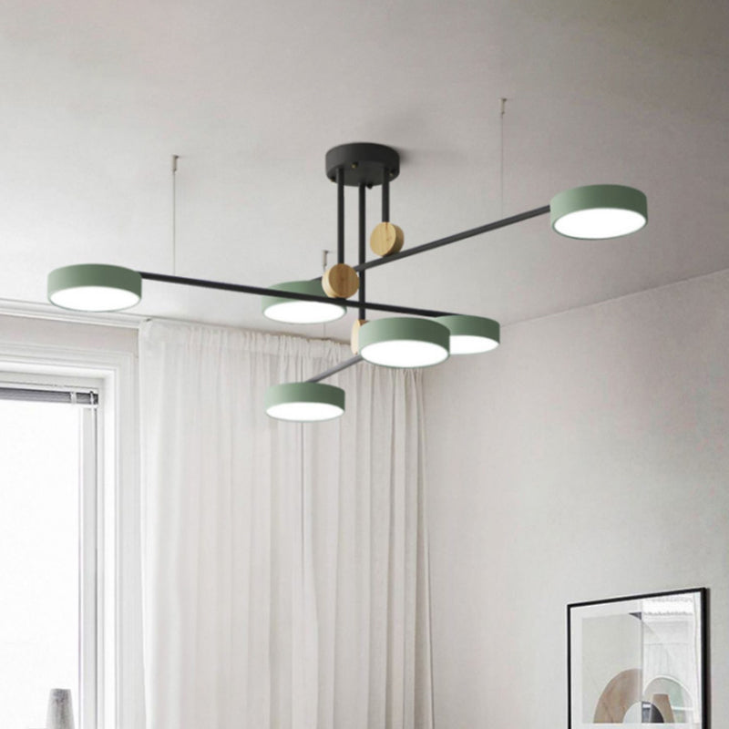 Branch Chandelier Light Fixture Nordic Metal 6 Heads Grey/Green Hanging Lamp with Wood Decor, Warm/White Light Clearhalo 'Ceiling Lights' 'Chandeliers' Lighting' options 1909877