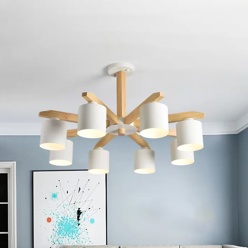 Cylindrical Metal Ceiling Chandelier Nordic 6-Head White/Green/Grey Suspension Lighting with Wood Arm Clearhalo 'Ceiling Lights' 'Chandeliers' Lighting' options 1909898