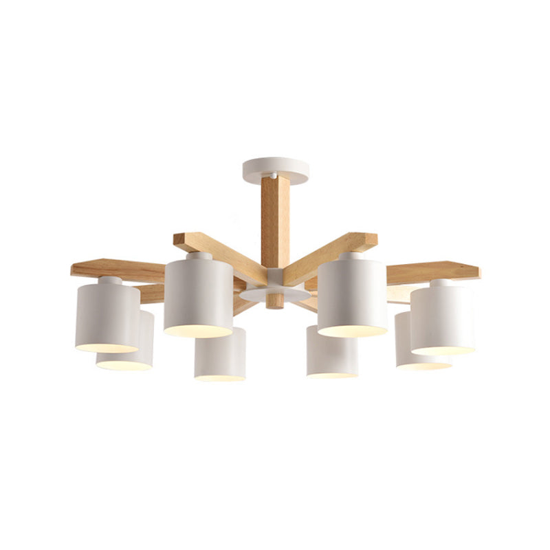 Cylindrical Metal Ceiling Chandelier Nordic 6-Head White/Green/Grey Suspension Lighting with Wood Arm Clearhalo 'Ceiling Lights' 'Chandeliers' Lighting' options 1909899