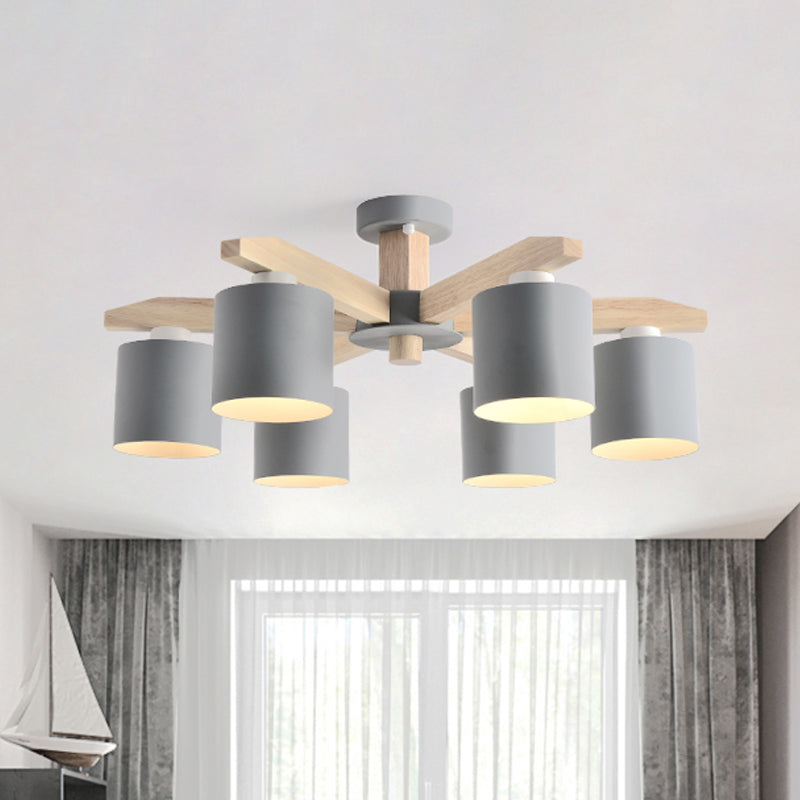 Cylindrical Metal Ceiling Chandelier Nordic 6-Head White/Green/Grey Suspension Lighting with Wood Arm Clearhalo 'Ceiling Lights' 'Chandeliers' Lighting' options 1909901