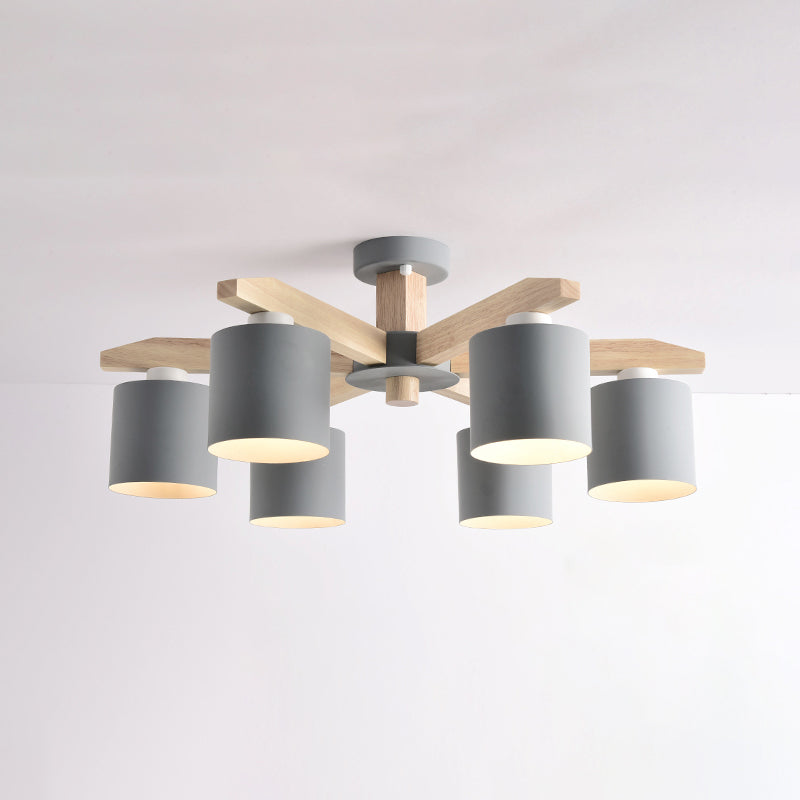 Cylindrical Metal Ceiling Chandelier Nordic 6-Head White/Green/Grey Suspension Lighting with Wood Arm Clearhalo 'Ceiling Lights' 'Chandeliers' Lighting' options 1909902