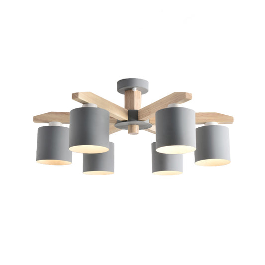 Cylindrical Metal Ceiling Chandelier Nordic 6-Head White/Green/Grey Suspension Lighting with Wood Arm Clearhalo 'Ceiling Lights' 'Chandeliers' Lighting' options 1909903