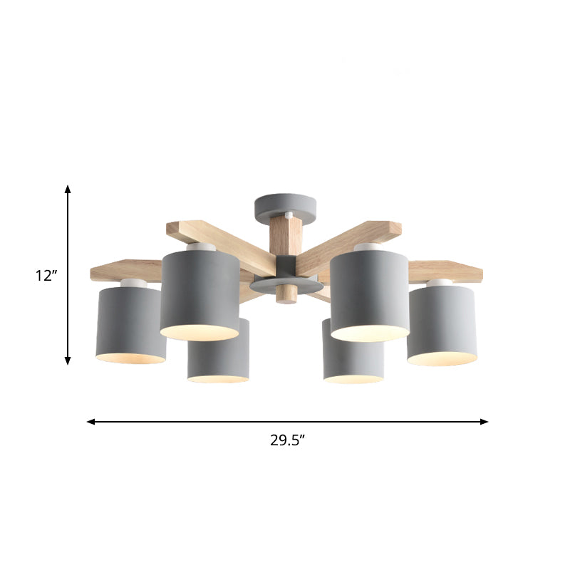 Cylindrical Metal Ceiling Chandelier Nordic 6-Head White/Green/Grey Suspension Lighting with Wood Arm Clearhalo 'Ceiling Lights' 'Chandeliers' Lighting' options 1909904