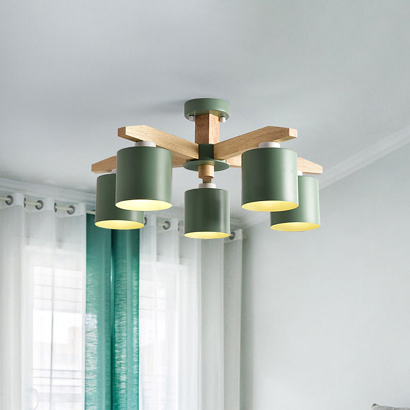 Cylindrical Metal Ceiling Chandelier Nordic 6-Head White/Green/Grey Suspension Lighting with Wood Arm Clearhalo 'Ceiling Lights' 'Chandeliers' Lighting' options 1909905