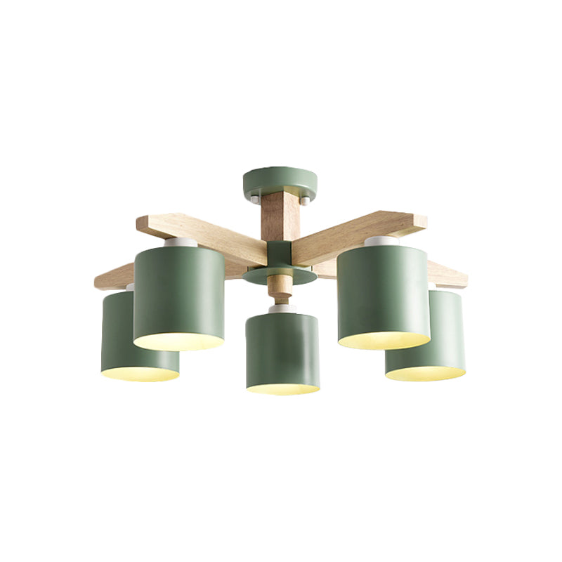 Cylindrical Metal Ceiling Chandelier Nordic 6-Head White/Green/Grey Suspension Lighting with Wood Arm Clearhalo 'Ceiling Lights' 'Chandeliers' Lighting' options 1909906