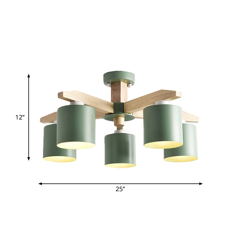 Cylindrical Metal Ceiling Chandelier Nordic 6-Head White/Green/Grey Suspension Lighting with Wood Arm Clearhalo 'Ceiling Lights' 'Chandeliers' Lighting' options 1909907
