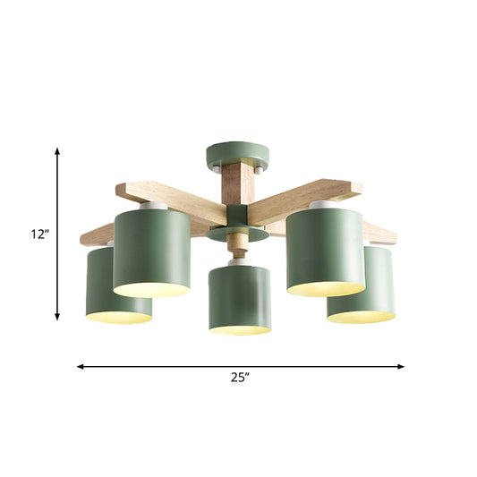 Cylindrical Metal Ceiling Chandelier Nordic 6-Head White/Green/Grey Suspension Lighting with Wood Arm Clearhalo 'Ceiling Lights' 'Chandeliers' Lighting' options 1909907