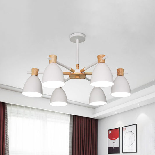 Nordic Bell Shaped Hanging Light Iron 6 Bulbs Living Room Chandelier in White with Wood Accent Clearhalo 'Ceiling Lights' 'Chandeliers' Lighting' options 1909908