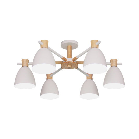 Nordic Bell Shaped Hanging Light Iron 6 Bulbs Living Room Chandelier in White with Wood Accent Clearhalo 'Ceiling Lights' 'Chandeliers' Lighting' options 1909909