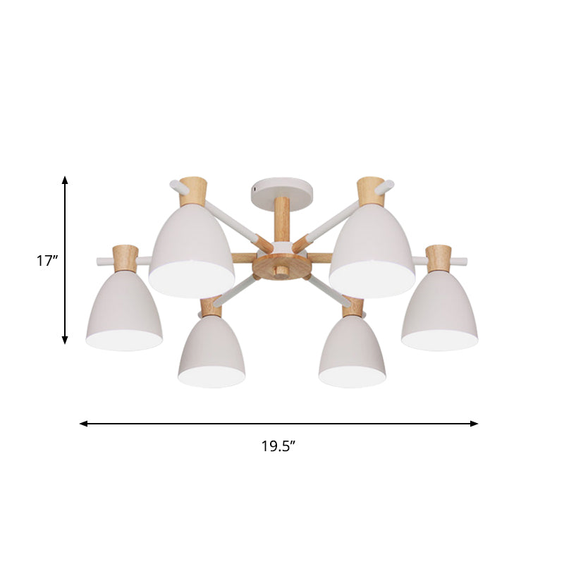 Nordic Bell Shaped Hanging Light Iron 6 Bulbs Living Room Chandelier in White with Wood Accent Clearhalo 'Ceiling Lights' 'Chandeliers' Lighting' options 1909910