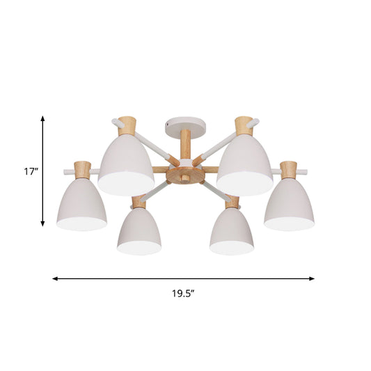 Nordic Bell Shaped Hanging Light Iron 6 Bulbs Living Room Chandelier in White with Wood Accent Clearhalo 'Ceiling Lights' 'Chandeliers' Lighting' options 1909910